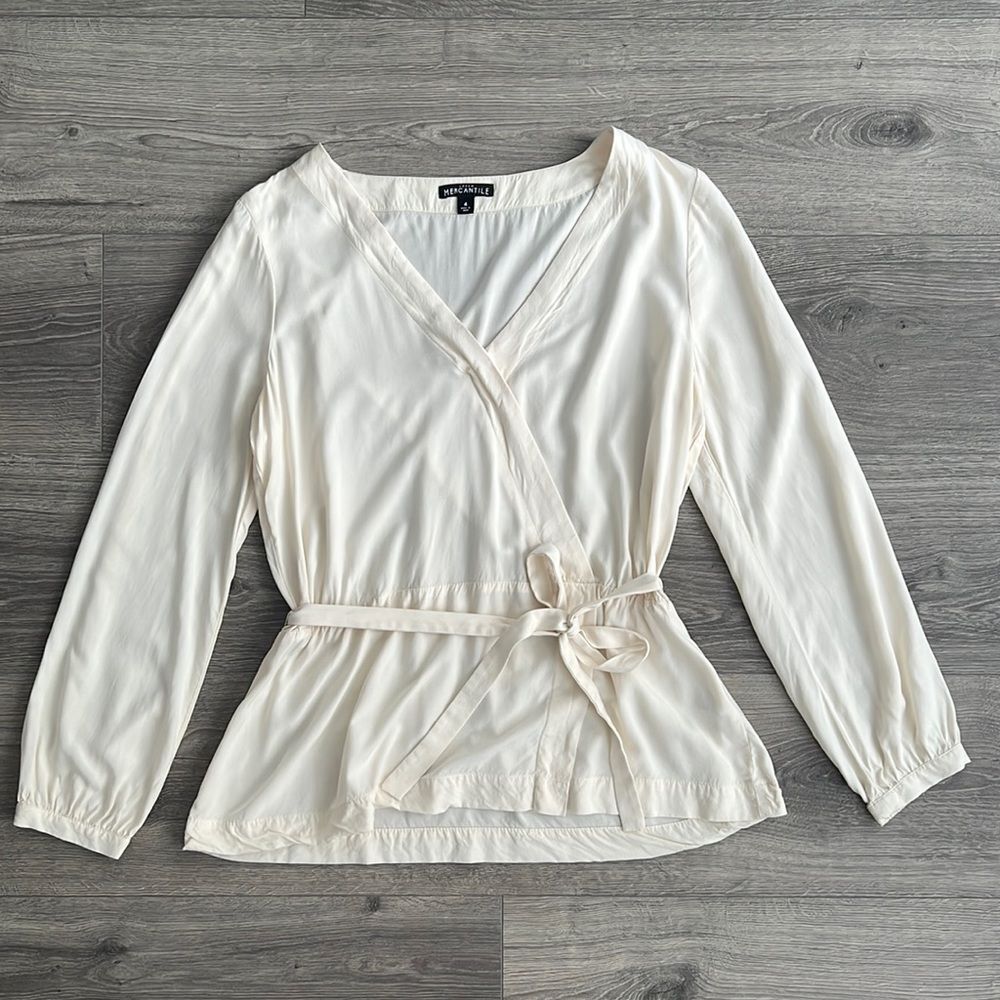 J.CREW Mercantile Faux Wrap Blouse Size 4 Cream Beige Neutral Workwear Coastal